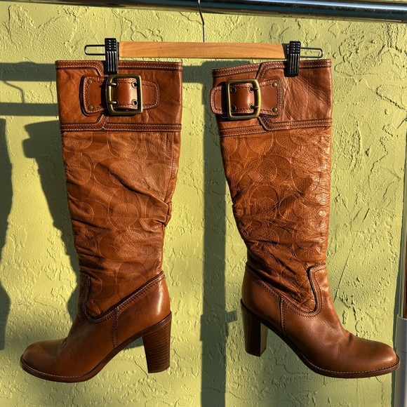 Coach Brown Leather embossed Knee-High Boots - Picture 3 of 10
